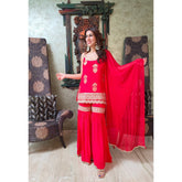 Red Color Thread Work Georgette Sharara Suit