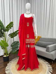 Red Color Thread Work Georgette Sharara Suit