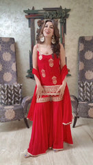 Red Color Thread Work Georgette Sharara Suit