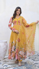 Glorious Yellow Color Sequence Work Georgette Gown