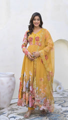 Glorious Yellow Color Sequence Work Georgette Gown