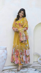 Glorious Yellow Color Sequence Work Georgette Gown