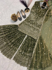 Marvelous Green Color Sequence Work Sharara Suit