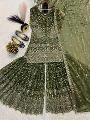 Marvelous Green Color Sequence Work Sharara Suit