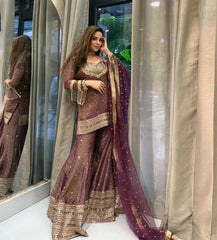 Precious Maroon Chinon Silk Sequence Work Sharara Suit