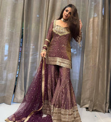 Precious Maroon Chinon Silk Sequence Work Sharara Suit