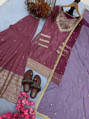 Precious Maroon Chinon Silk Sequence Work Sharara Suit