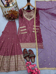 Precious Maroon Chinon Silk Sequence Work Sharara Suit