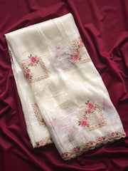 Lovely White Color Embroidery Work Saree