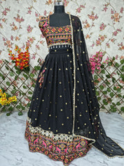 Trendy Black Color Mirror Work Georgette Lehenga Choli