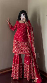 Pretty Red Color Thread Work Georgette Sharara Suit