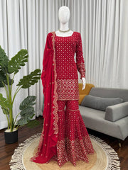 Pretty Red Color Thread Work Georgette Sharara Suit