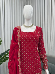 Pretty Red Color Thread Work Georgette Sharara Suit