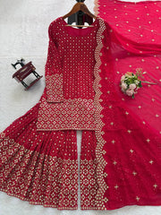 Pretty Red Color Thread Work Georgette Sharara Suit