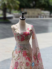 Fancy White Color Organza Digital Printed Lehenga