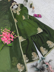 Awesome Green Color Embroidery Work Sharara Suit