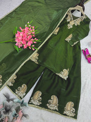 Awesome Green Color Embroidery Work Sharara Suit