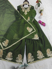 Awesome Green Color Embroidery Work Sharara Suit