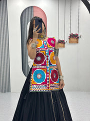 Exotic Black Cotton Gamthi Work Lehenga For Navratri