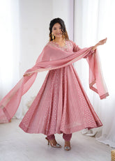 Designer Pink Crunchy Silk Sequence Work Gown