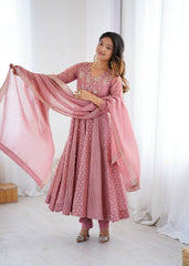 Designer Pink Crunchy Silk Sequence Work Gown