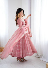Designer Pink Crunchy Silk Sequence Work Gown