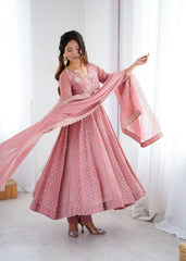 Designer Pink Crunchy Silk Sequence Work Gown
