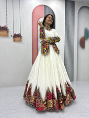 Lovely White Cotton Gamthi Work Lehenga Choli