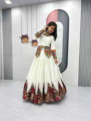 Lovely White Cotton Gamthi Work Lehenga Choli