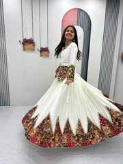 Lovely White Cotton Gamthi Work Lehenga Choli