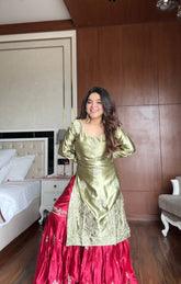 Stylish Moss Satin Sequence Work Sharara Suit