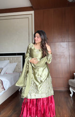 Stylish Moss Satin Sequence Work Sharara Suit