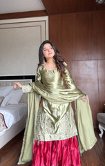 Stylish Moss Satin Sequence Work Sharara Suit