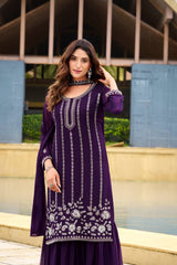 Lovely Purple Georgette Embroidery Work Sharara Suit