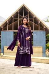 Lovely Purple Georgette Embroidery Work Sharara Suit