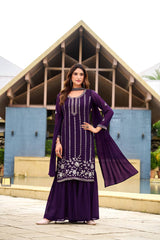 Lovely Purple Georgette Embroidery Work Sharara Suit
