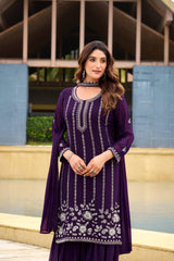 Lovely Purple Georgette Embroidery Work Sharara Suit