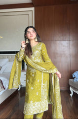 Awesome Green Chinon with Sequence Work Sharara Suit