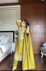 Awesome Green Chinon with Sequence Work Sharara Suit