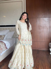 Daisy White Chinon Sequence Work Sharara Suit