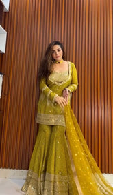 Gorgeous Green Chinon Silk Sequence Work Sharara Suit