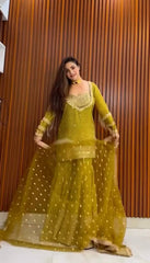 Gorgeous Green Chinon Silk Sequence Work Sharara Suit