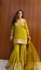 Gorgeous Green Chinon Silk Sequence Work Sharara Suit