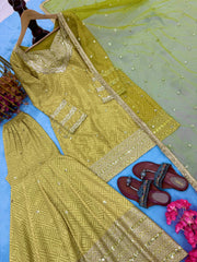 Gorgeous Green Chinon Silk Sequence Work Sharara Suit