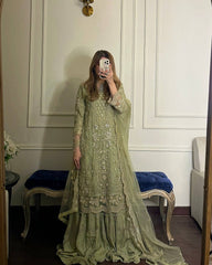 Glorious Green Georgette Sequence Work Palazzo Suit