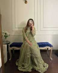 Glorious Green Georgette Sequence Work Palazzo Suit
