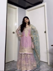 Stylish Pink Georgette Work Sharara Suit