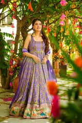 Attractive Purple Organza Digital Printed Gown