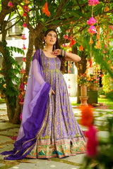 Attractive Purple Organza Digital Printed Gown