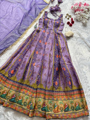 Attractive Purple Organza Digital Printed Gown